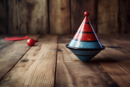 vintage spinning top on rustic wooden background, created with generative aiの素材
