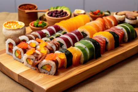 various sushi rolls on a wooden serving platter, created with generative aiの素材