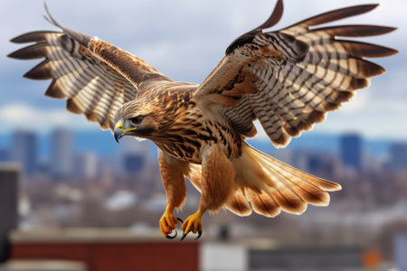 hawk hovering mid-air, with a focused and intense gaze, created with generative aiの素材