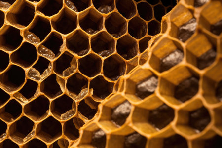 close-up of hexagonal honeycomb cells, created with generative aiの素材