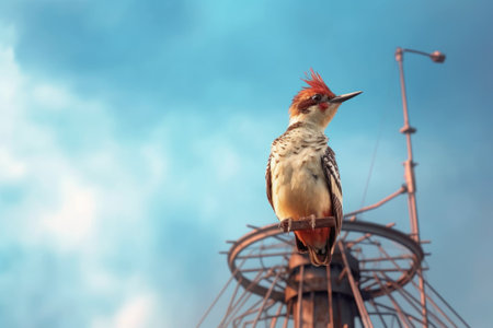 close-up of a bird perching on cell tower, created with generative aiの素材