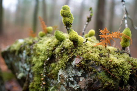 lichen growth on a mossy rock in a forest setting, created with generative aiの素材