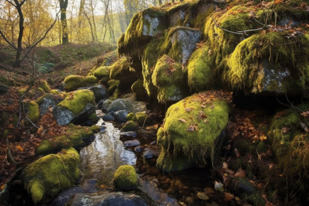 sunlight highlighting lichen-covered stones near a stream, created with generative aiの素材