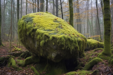 lichen-covered boulder in a serene forest setting, created with generative aiの素材