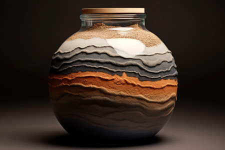 glass jar filled with sand, gravel, and charcoal layers, created with generative aiの素材