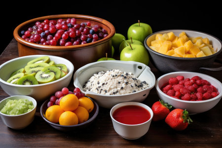 fruit salad ingredients in separate bowls, ready to mix, created with generative aiの素材