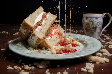 bite taken out of sandwich, crumbs on plate, created with generative aiの素材