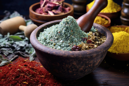 pestle and mortar with crushed plant dye ingredients, created with generative aiの素材