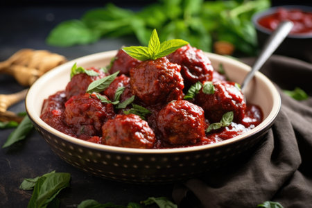 flavorful vegan meatballs in marinara sauce, created with generative aiの素材