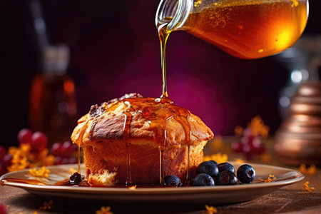 pouring syrup onto a warm, freshly baked muffin, created with generative aiの素材