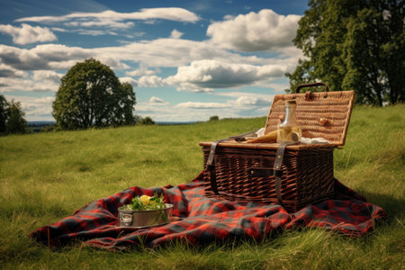 picnic basket on a grassy field beside a blanket, created with generative aiの素材