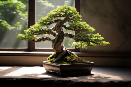 bonsai tree with sunlight highlighting pruned areas, created with generative aiの素材
