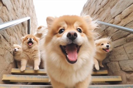 puppys excited face while climbing stairs, created with generative aiの素材