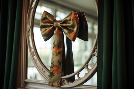 tie and bow tie hanging from a vintage mirror, created with generative aiの素材