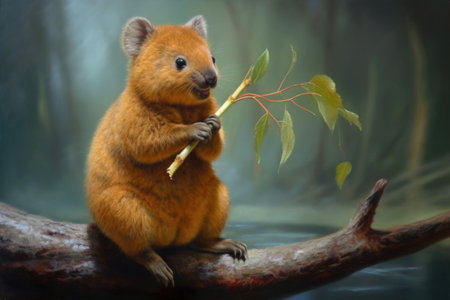 quokka holding a branch, snacking on leaves, created with generative aiの素材