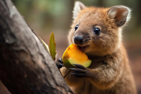quokka eating leaves with a curious expression on its face, created with generative aiの素材