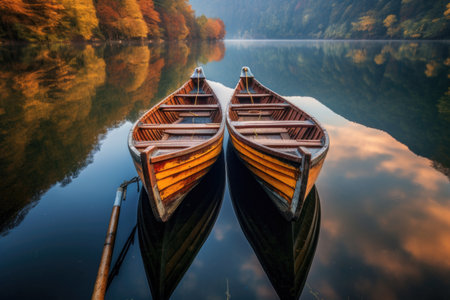 wooden rowboats reflecting on calm lake water, created with generative aiの素材