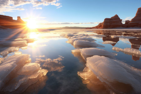 reflection of sunlight on crystallized salt plains, created with generative aiの素材