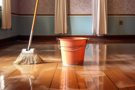 mop and bucket on a shiny clean floor, created with generative aiの素材
