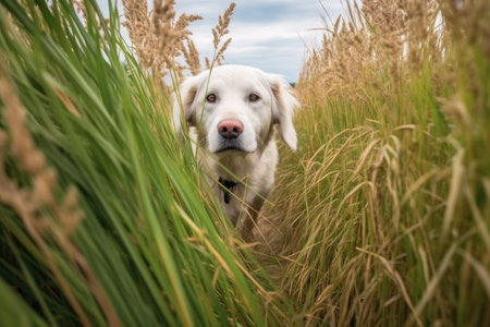 sheep using tall grass for cover, dog sniffing around, created with generative aiの素材
