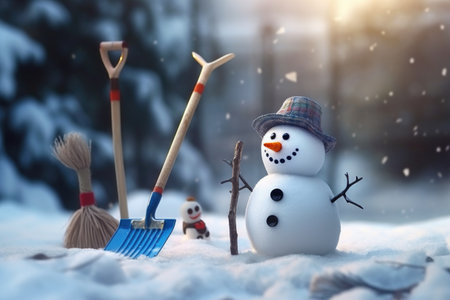 shovel near a snowman, focus on the snowmans accessories, created with generative aiの素材
