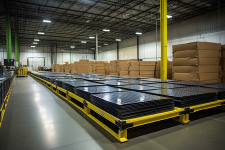 rows of solar panels ready for packaging and shipment, created with generative aiの素材