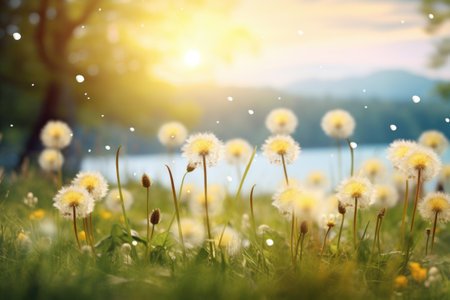 dandelion field with soft-focused spring background, created with generative aiの素材