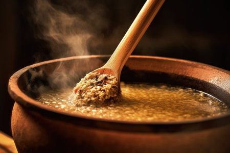 close-up of wooden spoon stirring steaming soup, created with generative aiの素材