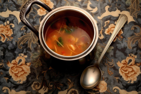 overhead view of soup pot with ladle, created with generative aiの素材
