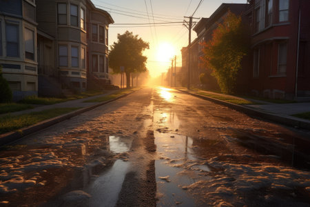 sun rising over freshly swept street with dew, created with generative aiの素材