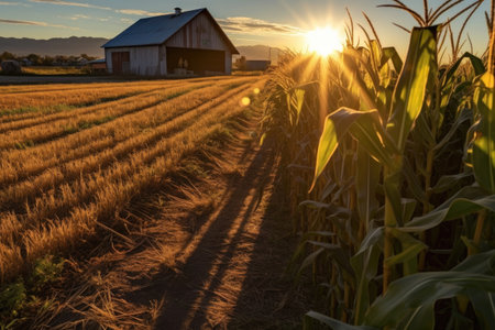 sunrays peeping through corn rows, casting long shadows, created with generative aiの素材