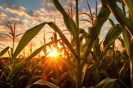 low angle shot of corn ears against the rising sun, created with generative aiの素材