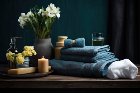 rolled towels and spa accessories near the tub, created with generative aiの素材
