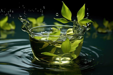 green tea leaves floating on water surface in cup, created with generative aiの素材