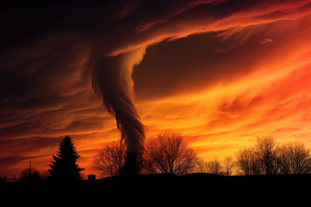 tornado silhouette against a dramatic sunset, created with generative aiの素材