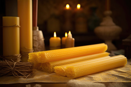 beeswax sheets rolled into taper candles, created with generative aiの素材