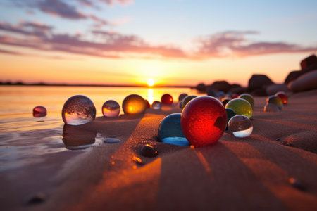 glass marbles on a sandy beach during sunset, created with generative aiの素材