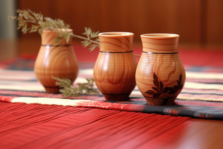 traditional cedar sake cups on bamboo mat, created with generative aiの素材