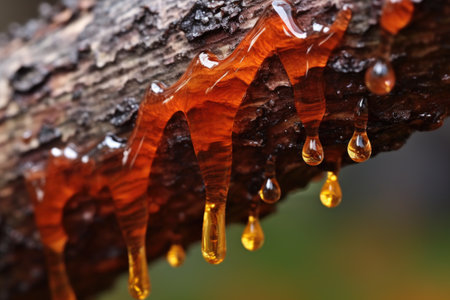 macro shot of resin dripping from a split in tree bark, created with generative aiの素材