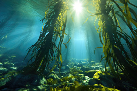 sunlit kelp forest with clear blue background, created with generative aiの素材