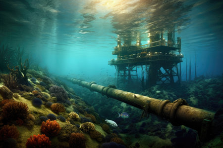 oil rig pipeline running along the ocean floor, created with generative aiの素材
