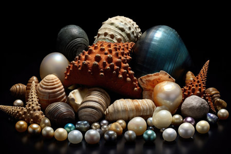 various pearl sizes and colors on seabed, created with generative aiの素材