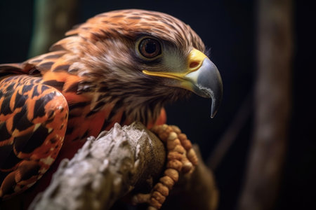 close-up of a falcons talons gripping onto a branch, created with generative aiの素材