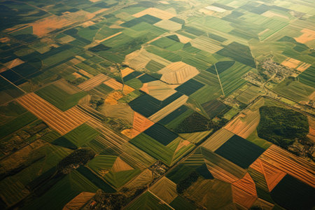 vast agricultural fields forming geometric patterns below, created with generative aiの素材