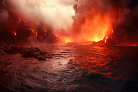 lava lake boiling with smoke plumes in the background, created with generative aiの素材