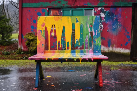 abstract pattern of wet paint drops on bench, created with generative aiの素材