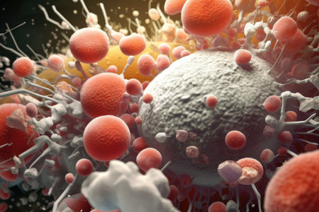 magnified battle between white blood cells and pathogens, created with generative aiの素材