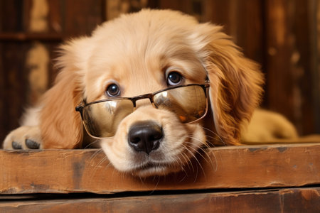 a golden retriever puppy chewing on a pair of spectacles, created with generative aiの素材