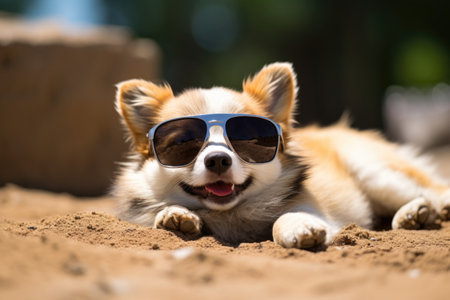 a dog lying down with stylish sunglasses on its forehead, created with generative aiの素材