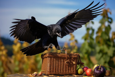 a single crow pulling open a picnic basket to reach for food, created with generative aiの素材